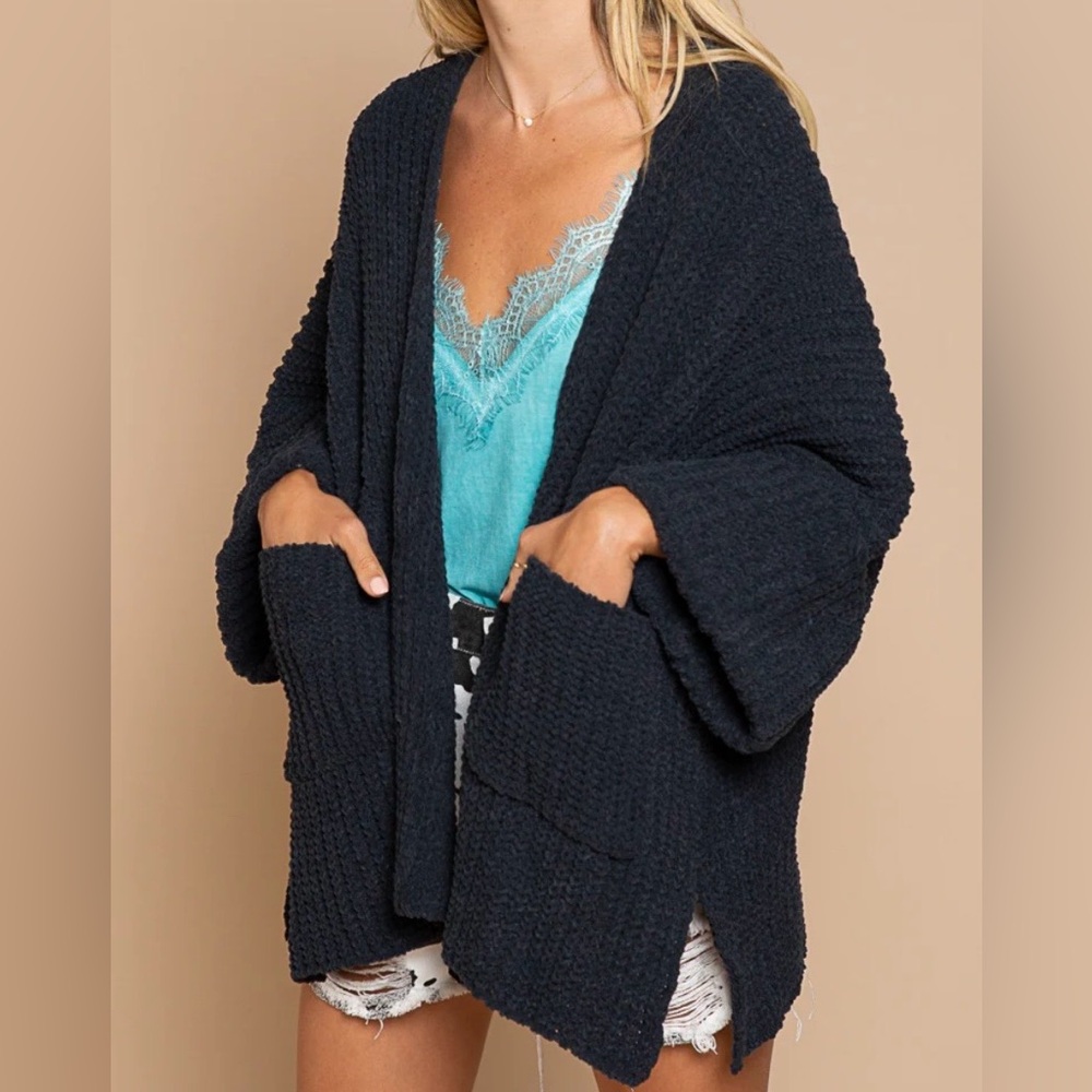 Pol Open Front Cozy Navy Chenille Knit Sweater